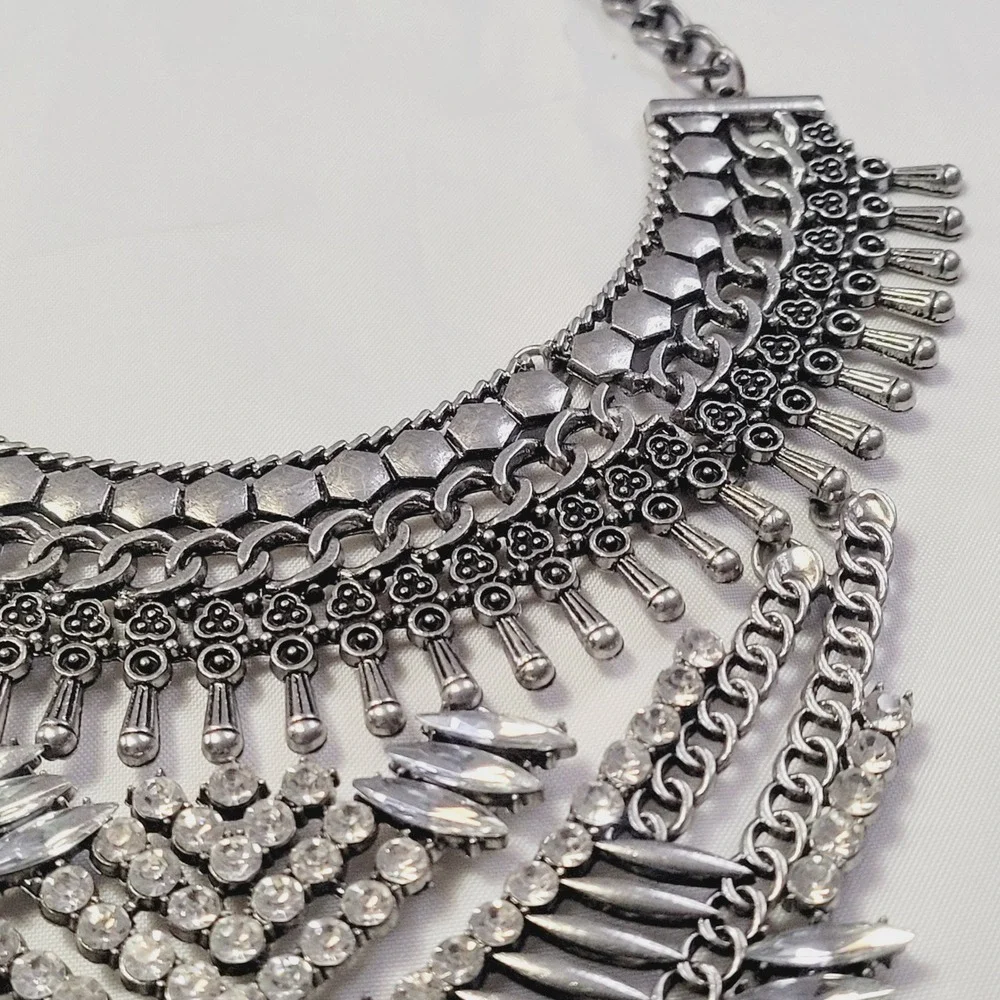 Women's Statement Bib Necklace OS Silver Rhinestone Tiered Boho Crystal U46